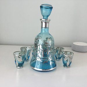 Vintage Light Blue Glass with Silver Overlay  Decanter with 5 Cordials $40